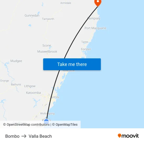 Bombo to Valla Beach map