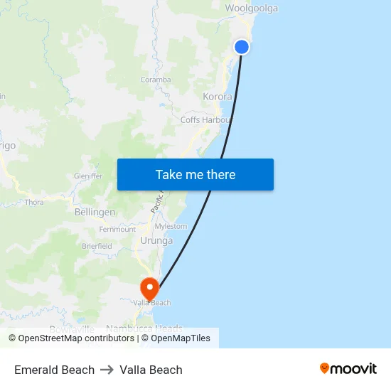 Emerald Beach to Valla Beach map