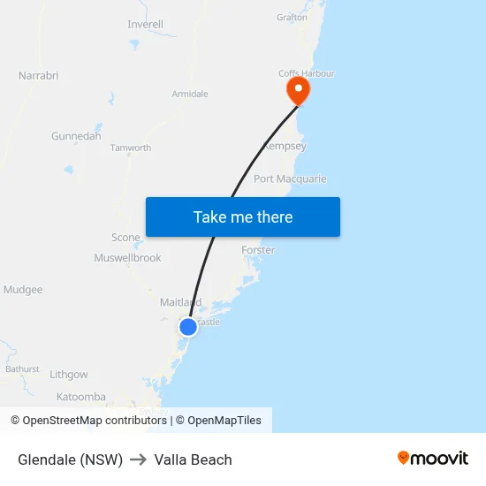 Glendale (NSW) to Valla Beach map
