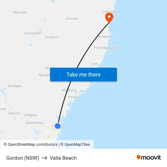Gordon (NSW) to Valla Beach map