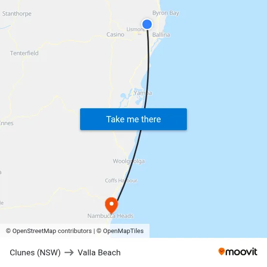 Clunes (NSW) to Valla Beach map