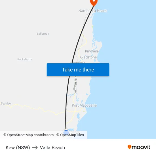 Kew (NSW) to Valla Beach map