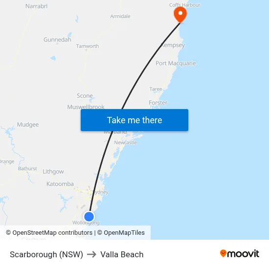 Scarborough (NSW) to Valla Beach map