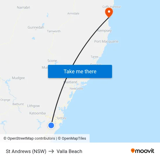 St Andrews (NSW) to Valla Beach map
