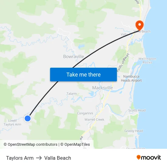 Taylors Arm to Valla Beach map