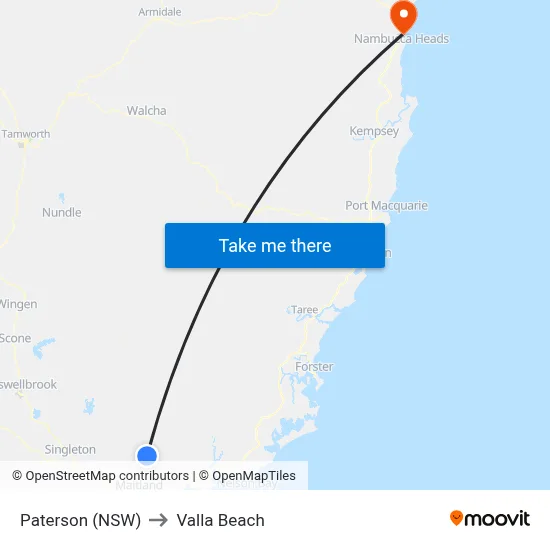 Paterson (NSW) to Valla Beach map