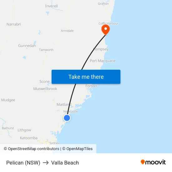 Pelican (NSW) to Valla Beach map