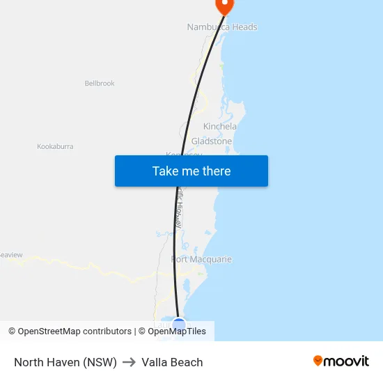 North Haven (NSW) to Valla Beach map