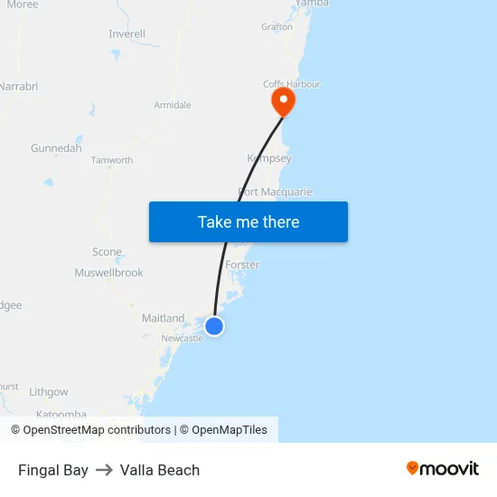 Fingal Bay to Valla Beach map