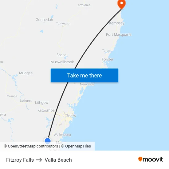 Fitzroy Falls to Valla Beach map