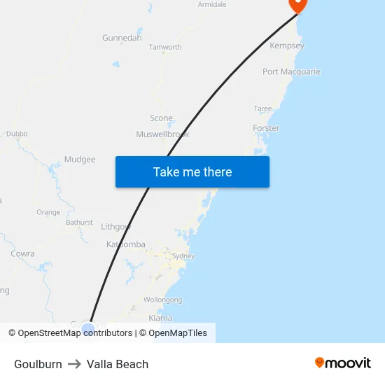 Goulburn to Valla Beach map
