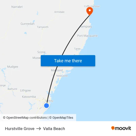 Hurstville Grove to Valla Beach map