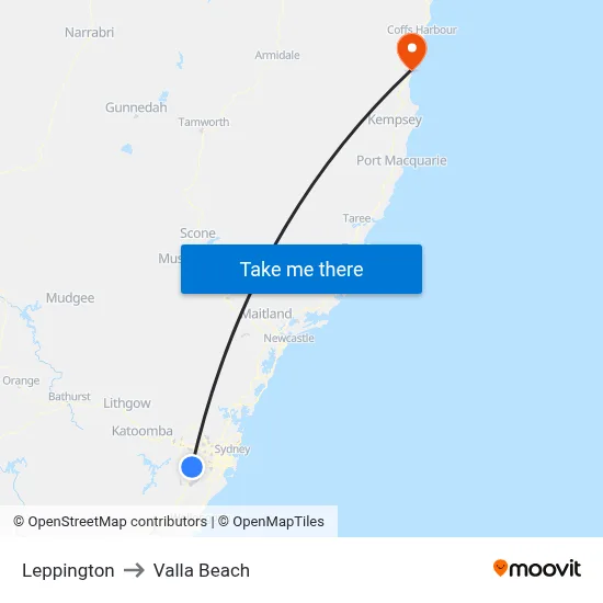 Leppington to Valla Beach map