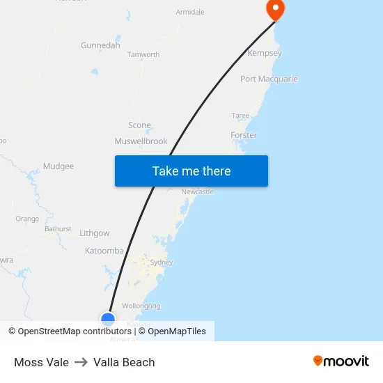 Moss Vale to Valla Beach map
