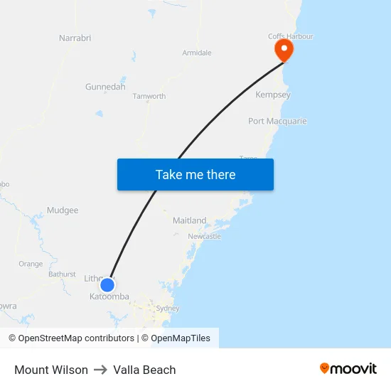 Mount Wilson to Valla Beach map