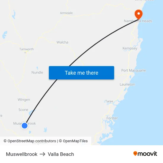 Muswellbrook to Valla Beach map