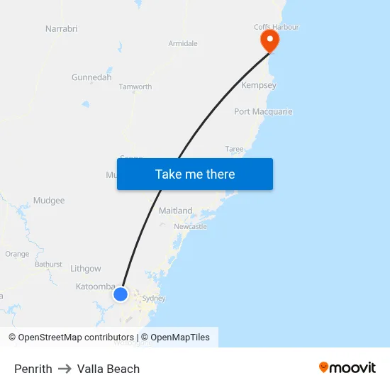 Penrith to Valla Beach map
