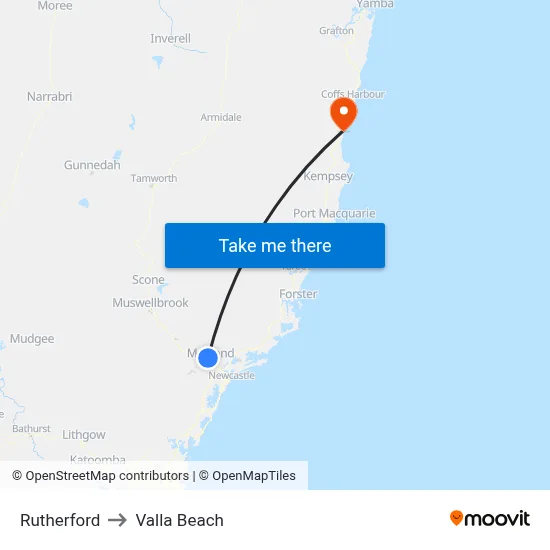Rutherford to Valla Beach map