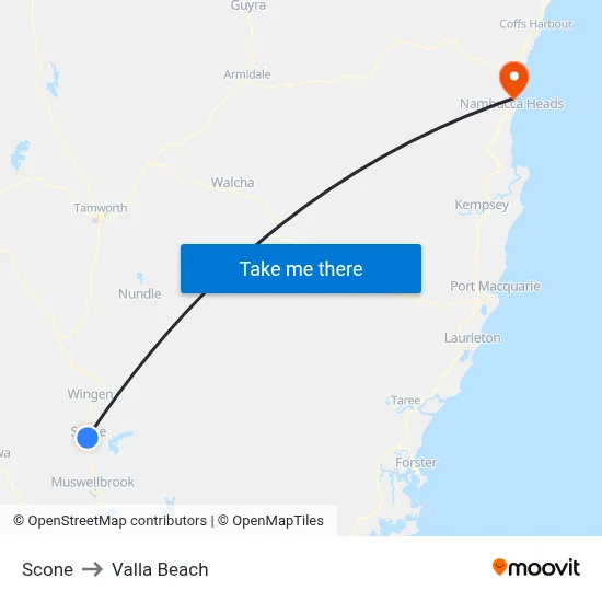 Scone to Valla Beach map
