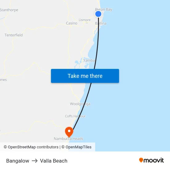 Bangalow to Valla Beach map