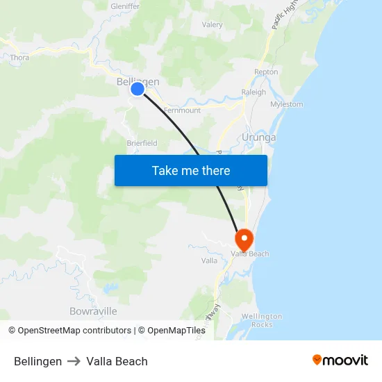 Bellingen to Valla Beach map