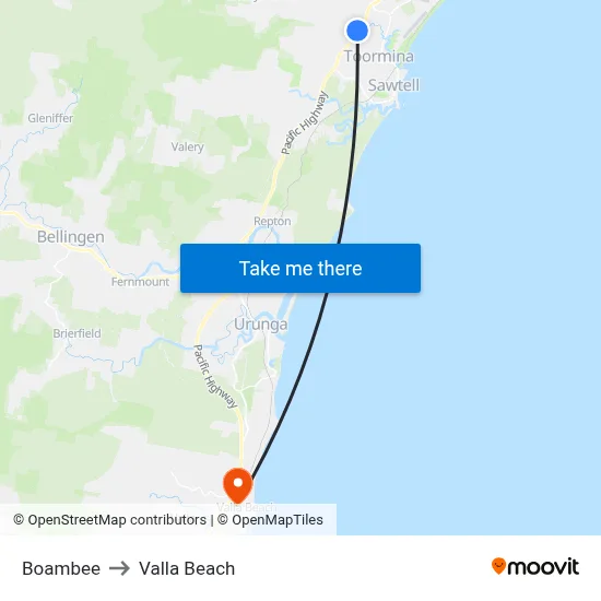 Boambee to Valla Beach map