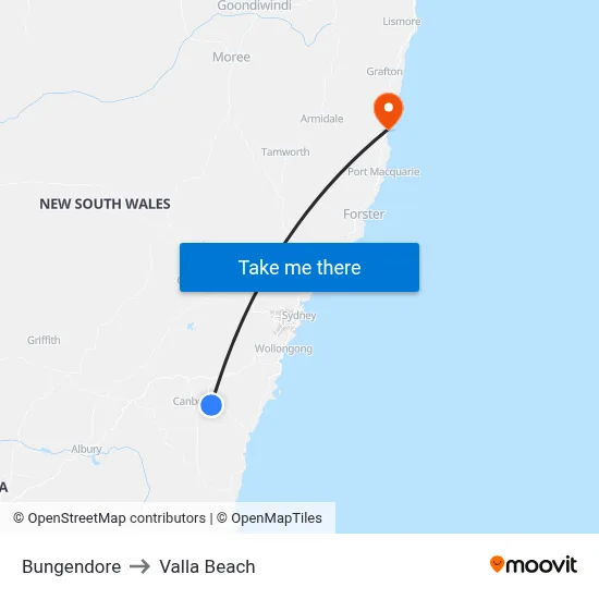 Bungendore to Valla Beach map