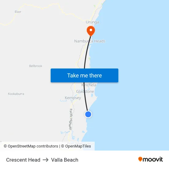 Crescent Head to Valla Beach map