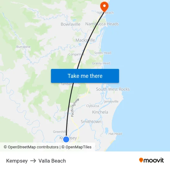 Kempsey to Valla Beach map