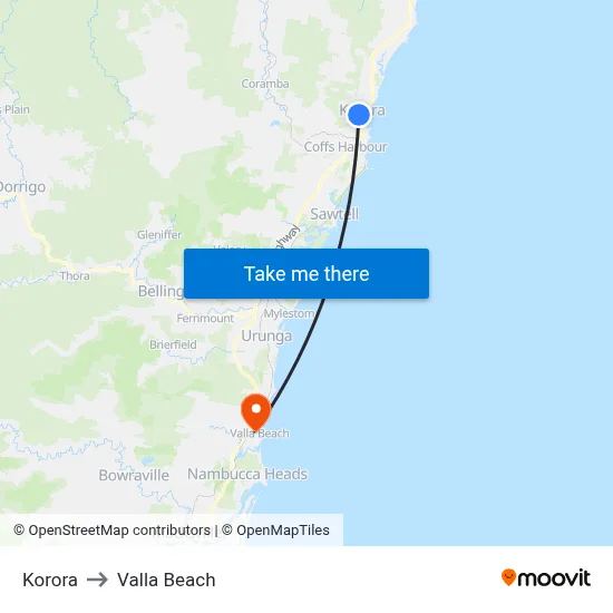 Korora to Valla Beach map