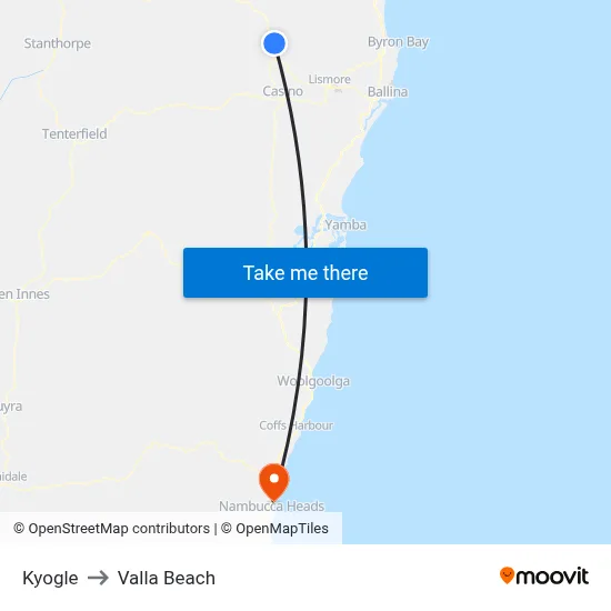 Kyogle to Valla Beach map