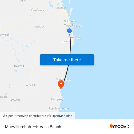 Murwillumbah to Valla Beach map