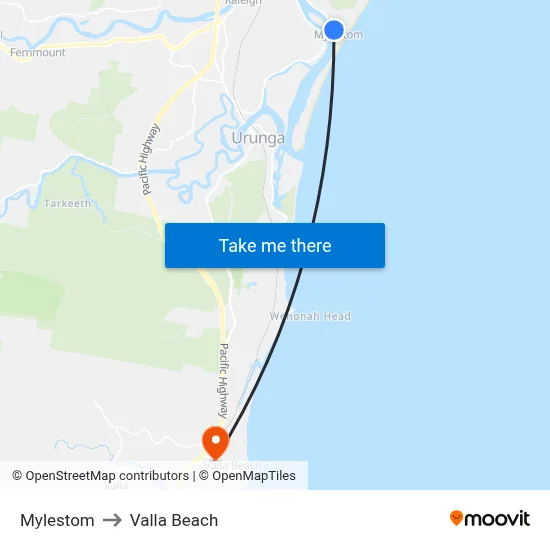 Mylestom to Valla Beach map