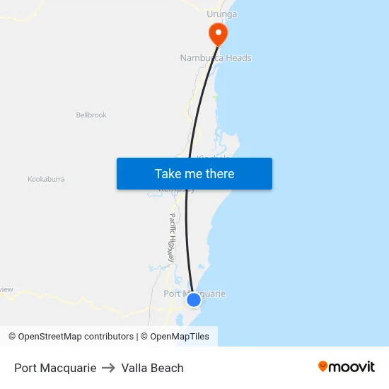 Port Macquarie to Valla Beach map