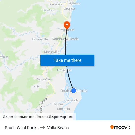 South West Rocks to Valla Beach map