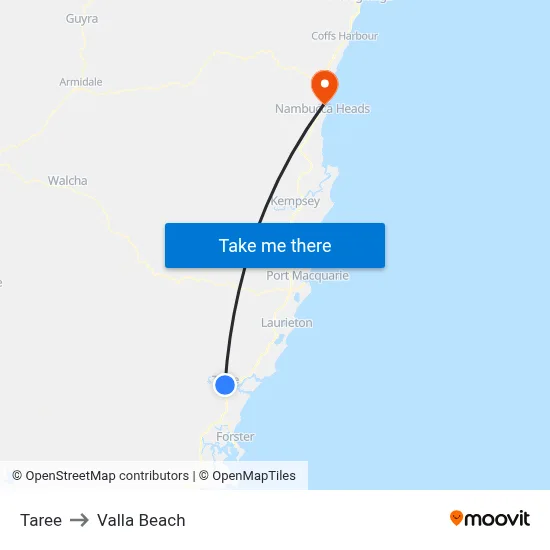 Taree to Valla Beach map