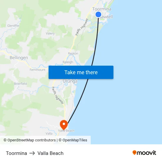 Toormina to Valla Beach map