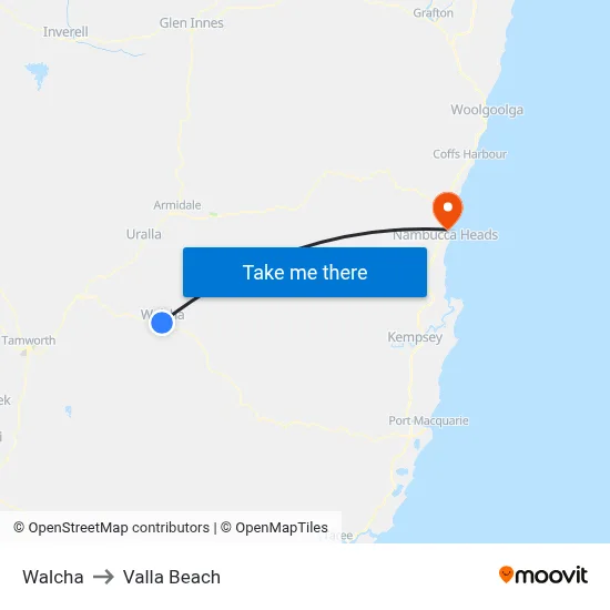 Walcha to Valla Beach map