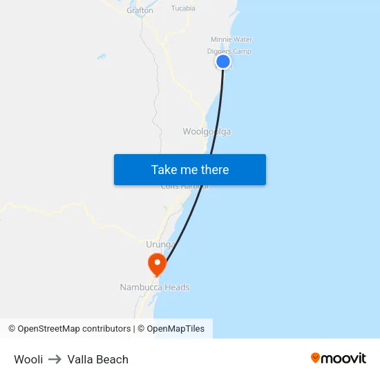 Wooli to Valla Beach map