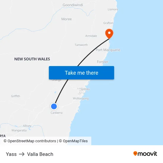 Yass to Valla Beach map