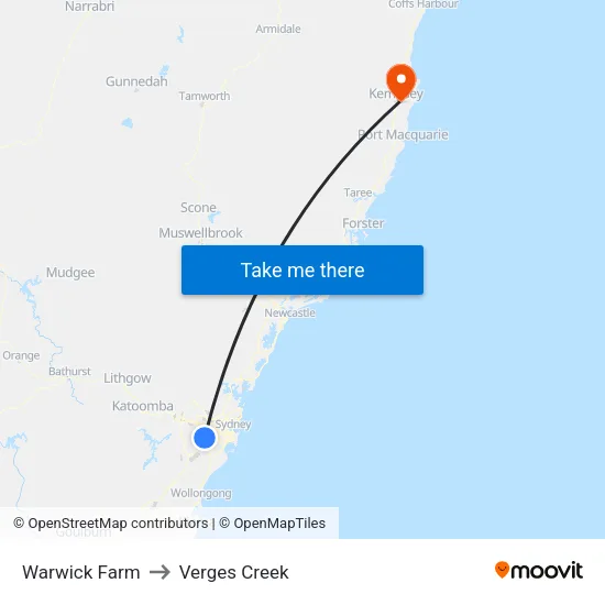 Warwick Farm to Verges Creek map
