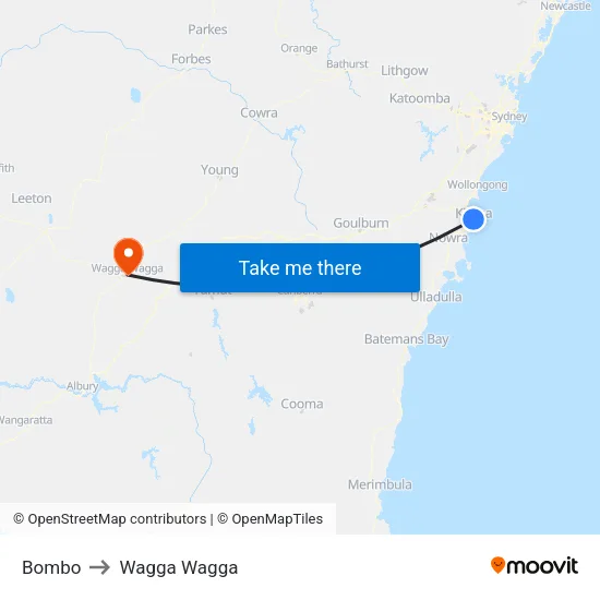 Bombo to Wagga Wagga map