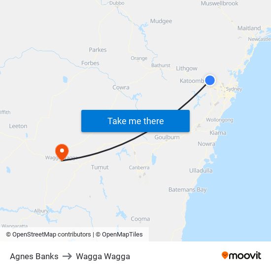 Agnes Banks to Wagga Wagga map