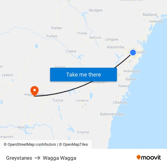 Greystanes to Wagga Wagga map