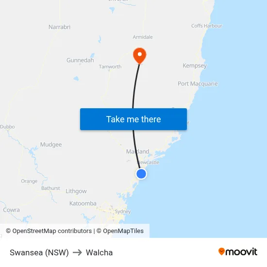Swansea (NSW) to Walcha map