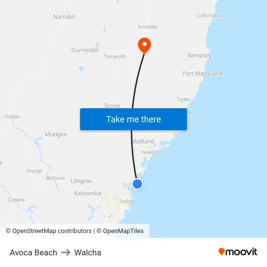 Avoca Beach to Walcha map