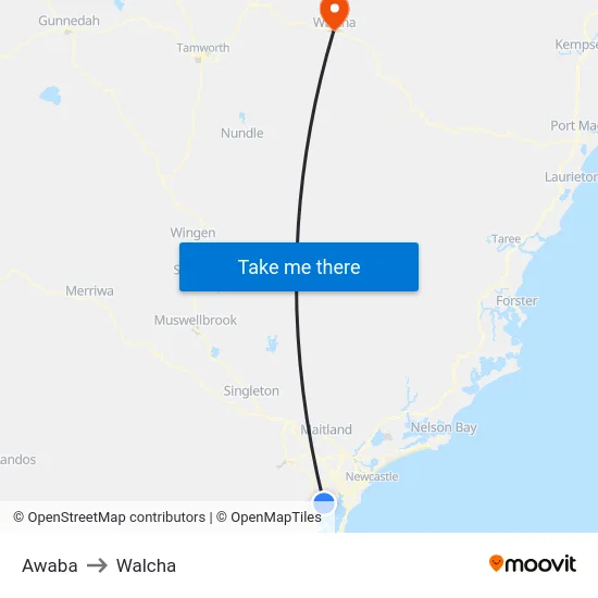 Awaba to Walcha map