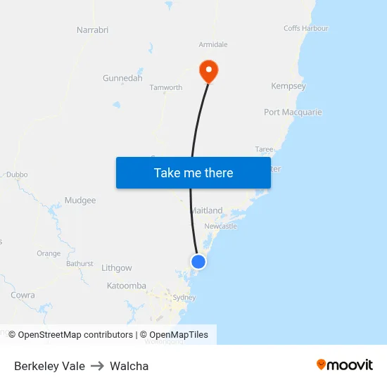 Berkeley Vale to Walcha map