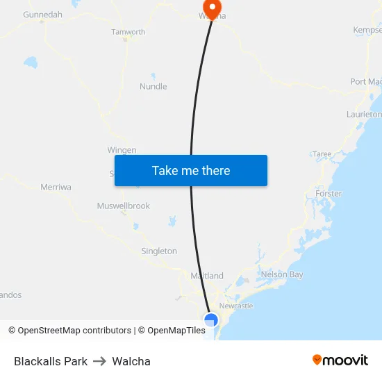 Blackalls Park to Walcha map