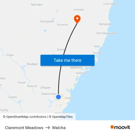 Claremont Meadows to Walcha map